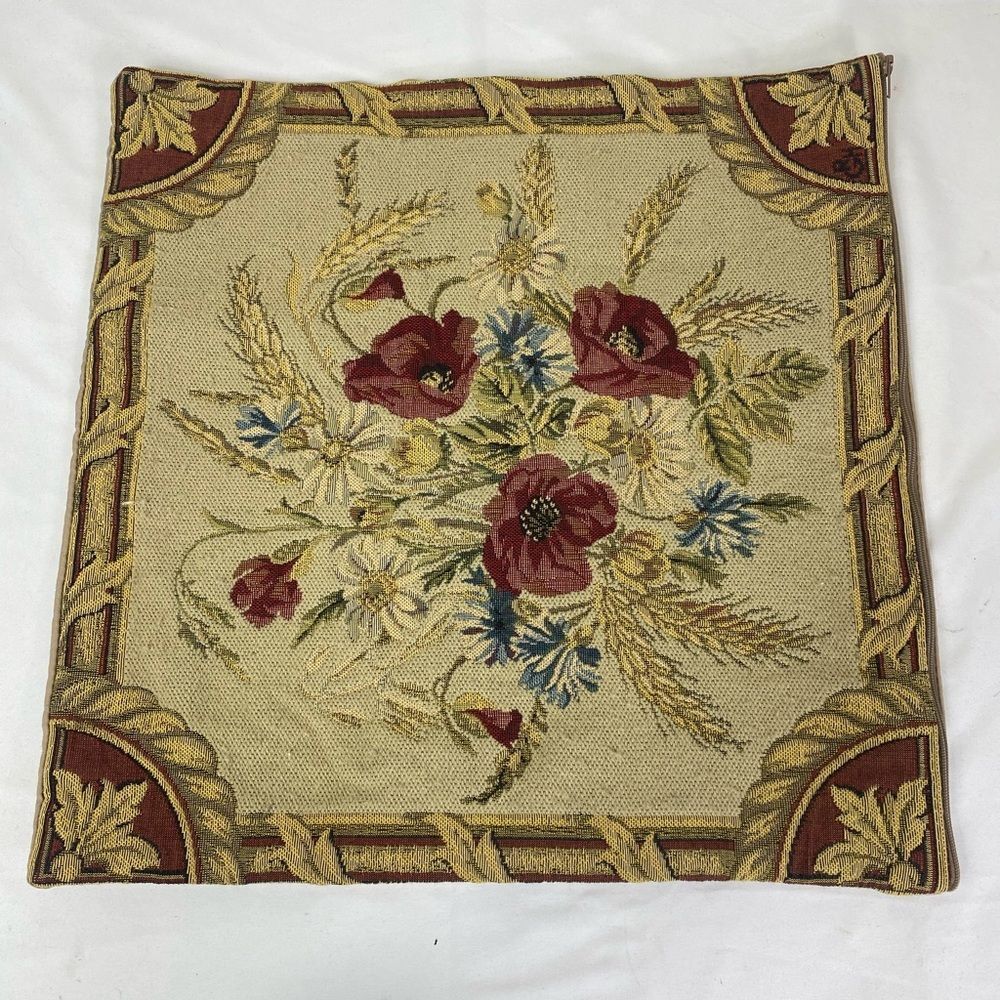 Floral Tapestry Accent Pillow Cover 50s 60s Signed GRH made in France